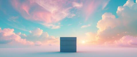 Stone podium surrounded by colorful clouds in a celestial sky. photo
