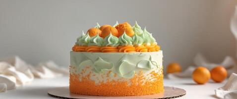 A Stylish Dessert Presentation of a Round Cake with Orange Frosting and Light Green Cream on a Neutral Background. photo