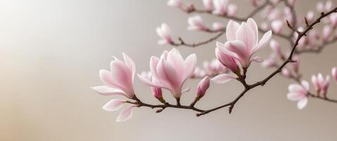 Pink Magnolia Blossoms Branch Spring Delicate Flowers Soft Light Background photo