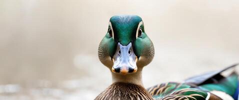 A clear shot of a duck's face with a blurred background photo