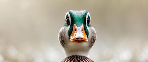 A clear shot of a duck's face with a blurred background. photo