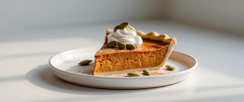 Slice of Pumpkin Pie on White Plate with Toppings. photo