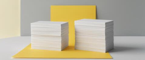mockup displaying four stacks of white business cards arranged in rows on a yellow design paper background with copy space image place for adding text or design. photo