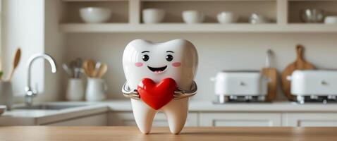 Cute smiling tooth character holding a red heart in a cozy kitchen setting photo