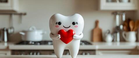 Cute smiling tooth character holding a red heart in a cozy kitchen setting. photo