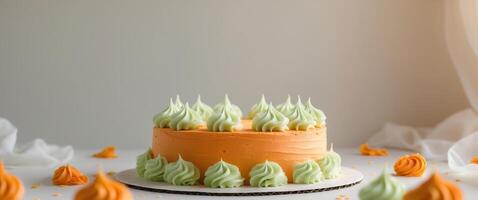 A Stylish Dessert Presentation of a Round Cake with Orange Frosting and Light Green Cream on a Neutral Background photo