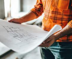 Construction worker reviewing blueprints at a building site during daylight hours photo