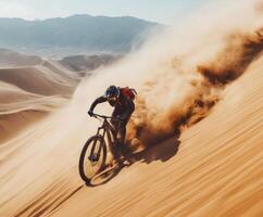 Mountain biker rides through sandy terrain while kicking up dust in desert landscape surrounded by mountains photo