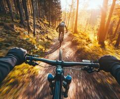 Mountain biking through a sunlit forest trail on a crisp autumn afternoon photo