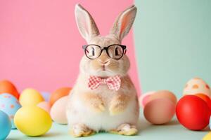 Cute bunny wearing glasses and a bow tie surrounded by colorful Easter eggs in a playful setting photo