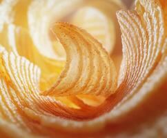 Freshly prepared potato chips spiral beautifully in a warm and inviting setting photo