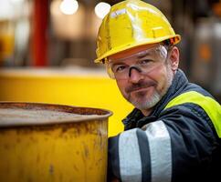 Construction worker wearing a hard hat smiles near a large yellow barrel in an industrial setting photo