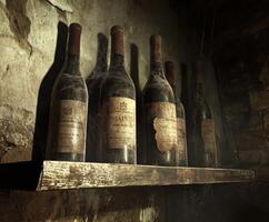 Old wine bottles covered in dust and cobwebs on a wooden shelf in a dimly lit cellar photo