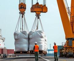Cargo being unloaded at a busy shipping terminal with cranes lifting large containers in the background photo