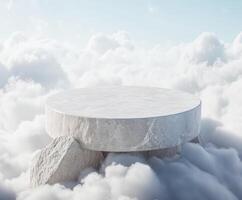 Circular platform of stone atop fluffy clouds under clear sky during daylight hours photo