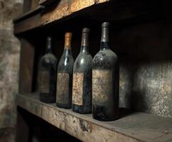 Old dusty wine bottles on wooden shelves in a dimly lit cellar showcasing vintage collection photo
