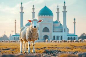 Serenity of a sheep grazing near an ornate mosque at sunset in a peaceful landscape photo