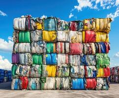 Colorful bundles of recycled waste stacked at a processing facility under a bright blue sky photo