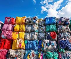 Colorful bales of recycled textiles stacked against a blue sky during the day in a recycling facility photo