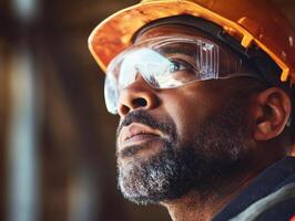 Construction worker wearing safety gear gazes thoughtfully at a building site environment during the day photo