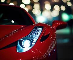 Bright red sports car glimmers under city lights at night showcasing its sleek design and powerful features photo