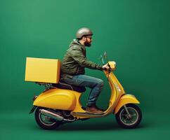Delivery rider on yellow scooter navigating through urban environment with a green background photo