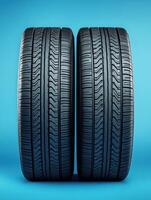 High-performance tires displayed against a vibrant blue backdrop highlighting their tread pattern and design features photo