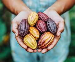 Hands hold a variety of colorful cocoa pods in a lush environment showcasing biodiversity and farming practices photo
