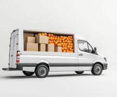 Delivery van loaded with oranges and cardboard boxes on a light background photo