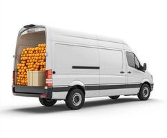 Delivery van filled with oranges on a bright day in a bustling city street photo