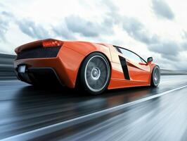 Bright orange sports car accelerates on a wet road during a cloudy day photo