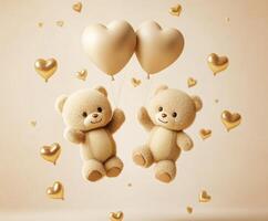Two adorable teddy bears float together holding heart-shaped balloons in a dreamy atmosphere photo