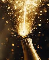 Champagne bottle pops, sending sparkling cork and bubbles into celebratory atmosphere with golden light photo