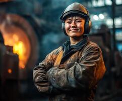 Young worker proudly stands in a metal shop, showcasing skills and determination amid the industrial environment photo