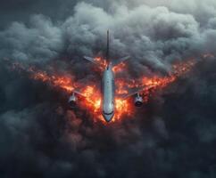 Airplane engulfed in flames soaring through dark stormy clouds during crisis photo