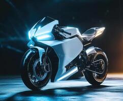 High-tech motorcycle illuminated by blue lights in a dark setting showcasing modern design and engineering photo