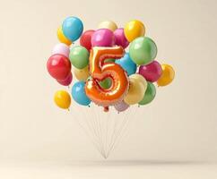 Colorful assortment of balloons with a large number five for a birthday celebration or special event photo