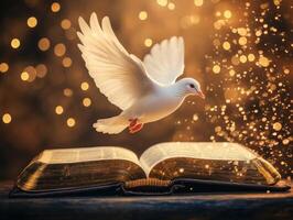 Dove takes flight from an open book surrounded by magical sparkles in a warm glow photo