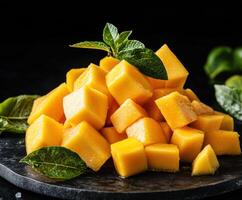 Fresh mango chunks displayed on a dark stone surface surrounded by mint leaves in natural light photo