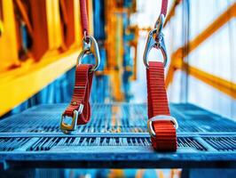 Safety harnesses hang on a metal frame at a construction site during the day photo