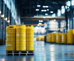 Bright yellow storage containers stacked in a warehouse showcasing industrial organization and safety at a busy facility photo