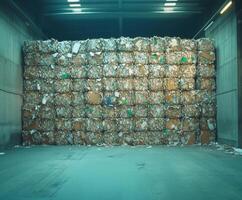 Large stacks of compressed recyclable materials stored in a facility for processing in an urban area photo