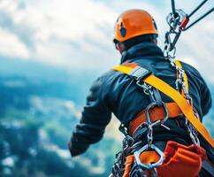 Professional climber prepares for a descent on a zip line in a mountainous landscape during daytime photo
