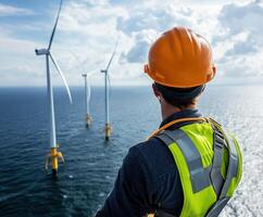 Worker inspects offshore wind turbines on a clear day overlooking the ocean photo