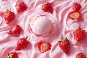 Delicious strawberry ice cream surrounded by fresh strawberries on a pink background photo
