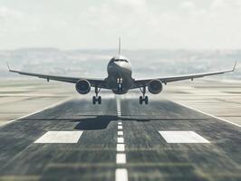 Commercial airplane taking off from a busy runway at a large airport during daytime photo