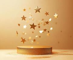 Sparkling golden stars hover above a shimmering circular platform in a warm, inviting light setting photo