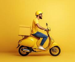 Delivery rider on yellow scooter against solid yellow background with box attached photo
