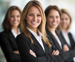 Confident group of business professionals collaborating in a corporate environment during a daytime meeting photo