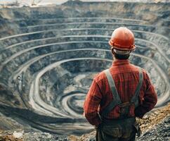 Worker observes large open-pit mine during daylight, showcasing the vastness of mineral extraction efforts photo